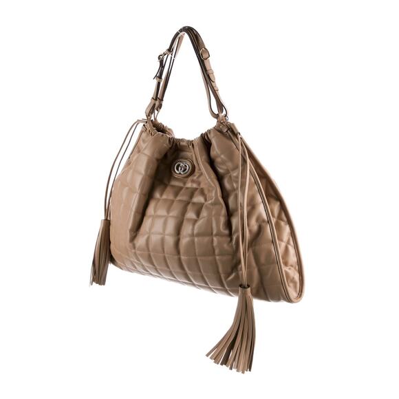 GUCCI Deco Large Camelia Beige Quilted Leather Hobo Tote Chain Shoulder Bag - Picture 3 of 14